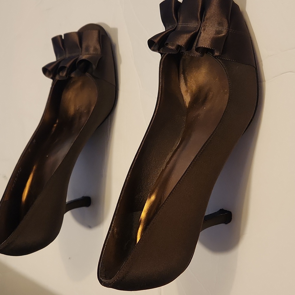 Stuart Weitzman Satin High Heel Open Toe Pumps With Bow Detail In Brown Size 9M - Picture 3 of 11